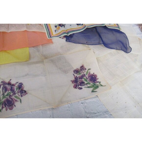 Vintage MCM Handkerchiefs Lot 10 Lace Embroidered Prints Solids Mix Some In Box - Picture 2 of 16